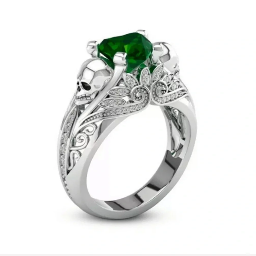 Size 9 Emerald Green Heart Silver Skull Ring NEW